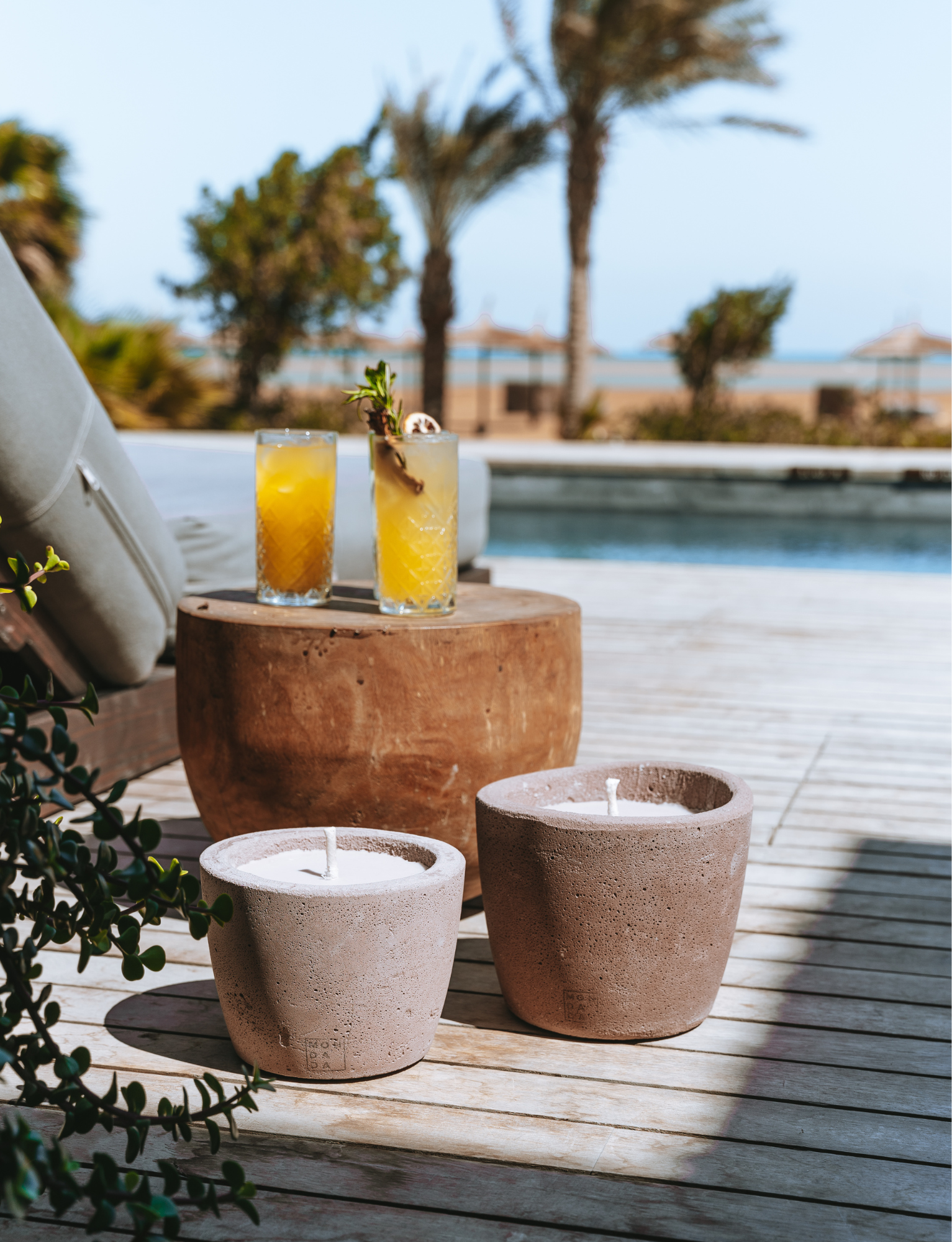 Outdoor candles in sienna, which is a warm colour.