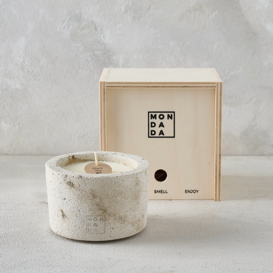 ecru concrete candle with a wooden giftbox